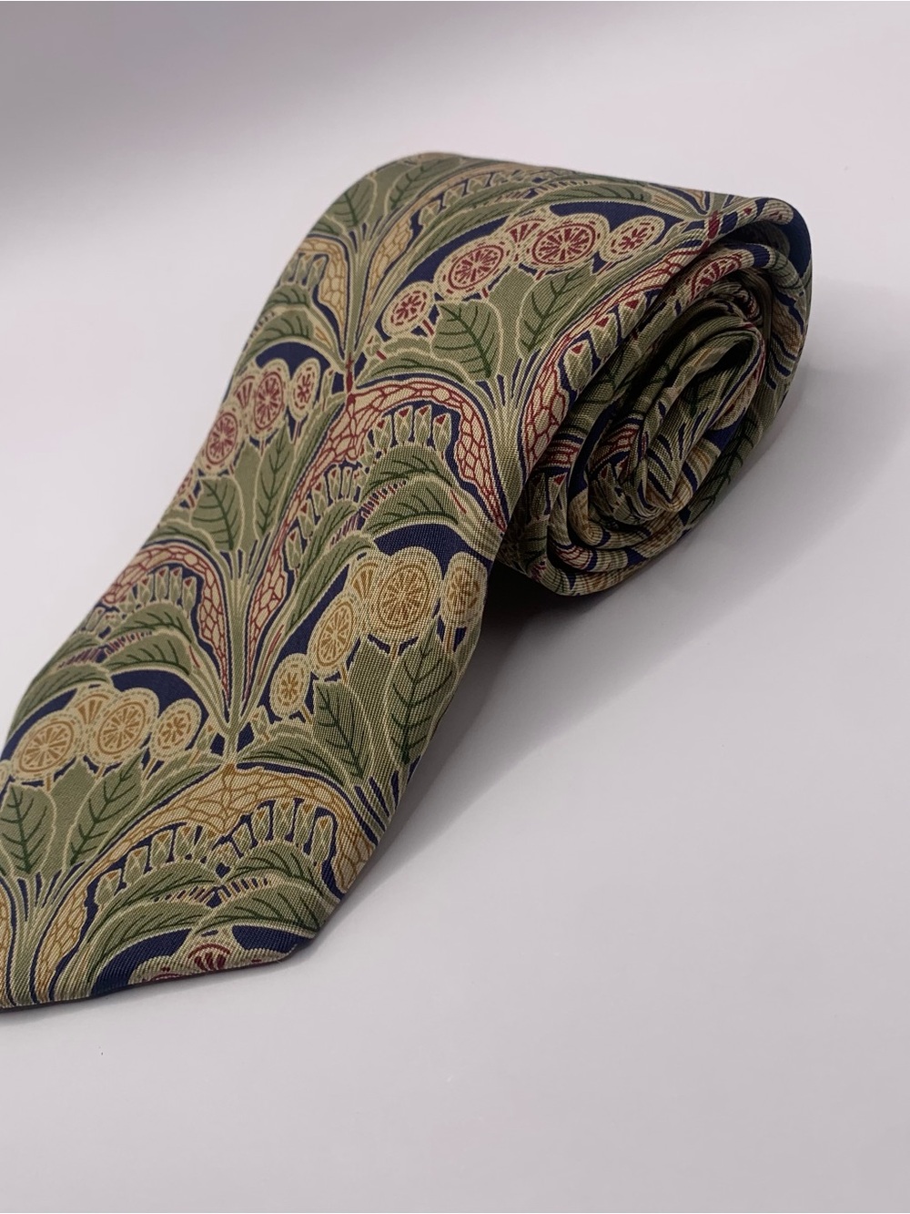 Robert Talbott Olive Green Tie with Navy, Gold & Red Botanical Motif